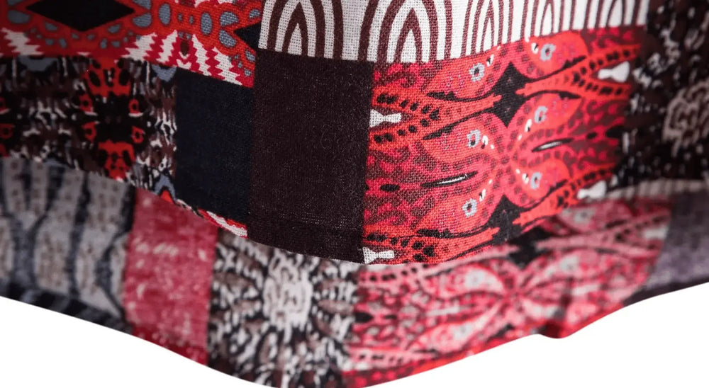 Red Border Patchwork Shirt, hem and pattern detail