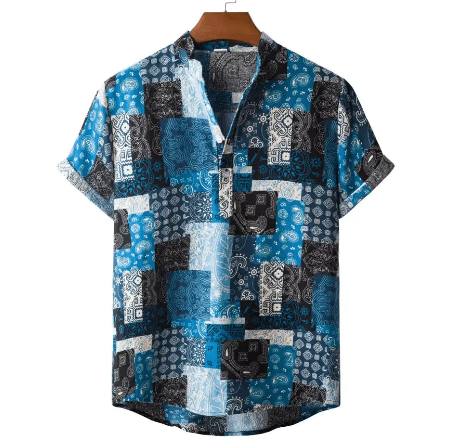 Multicolor Patchwork Party Shirt, Blue option, front view