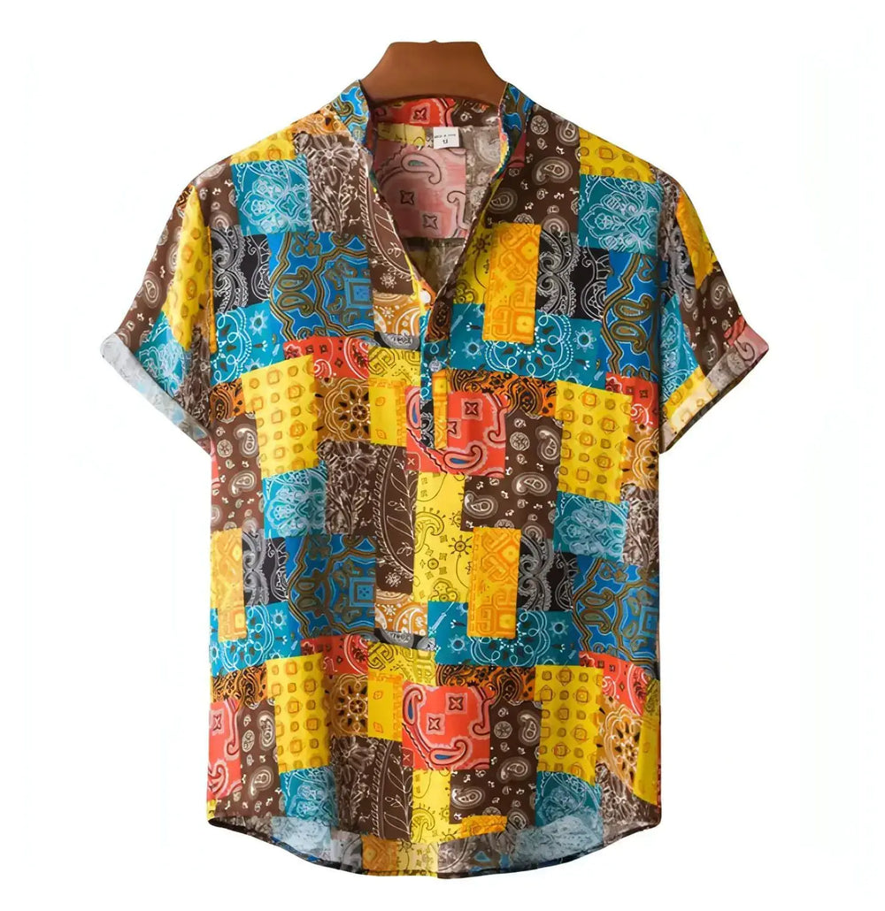 Short-sleeve party shirt with bright multicolored patchwork-style squares