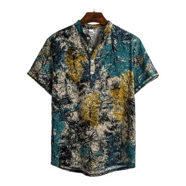 Pattern Band Collar Shirt for men in cotton-linen blend - Dan Flashes