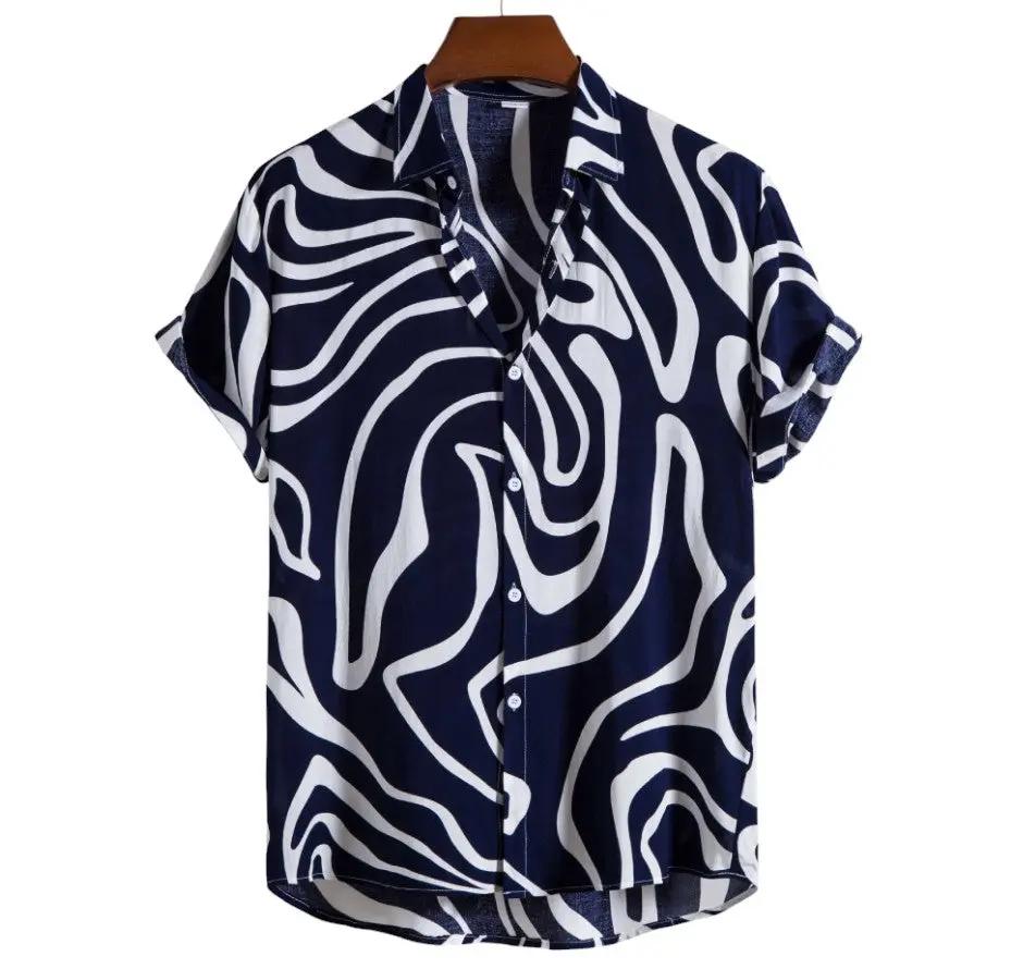 Dark short-sleeve Hawaiian shirt with broad white wavy lines