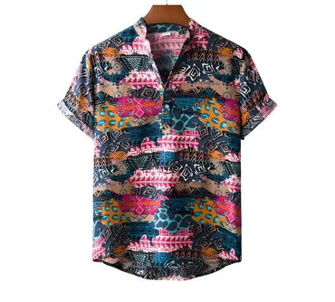 Pink Pattern Band Collar Shirt for men in cotton-linen blend - Dan Flashes