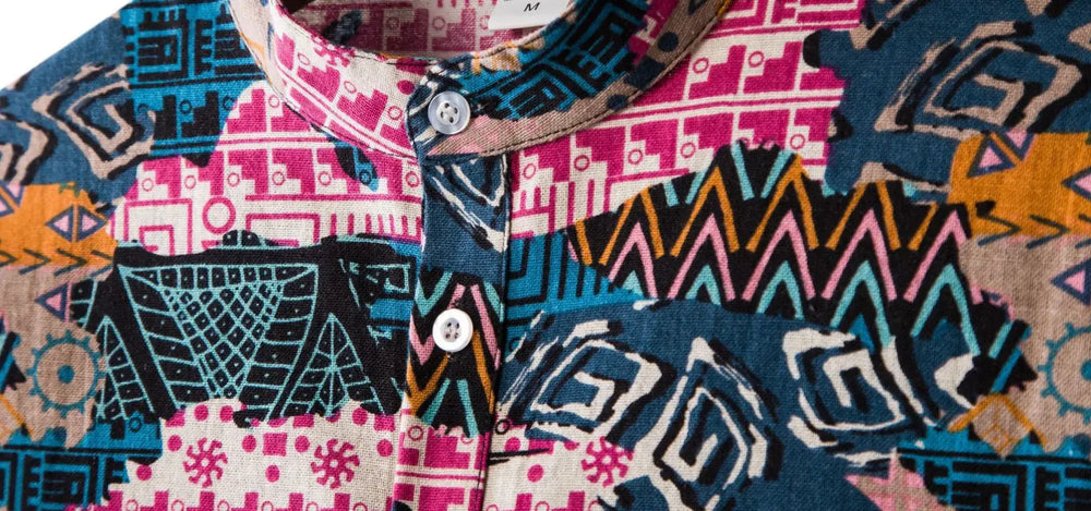 Pink Accent Border Pattern Shirt, button-front and pattern detail