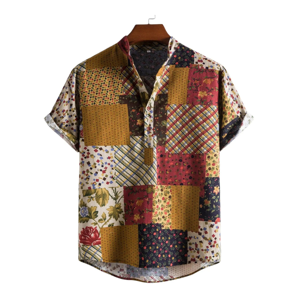 Floral Patchwork Button-Up Shirt, Tan option, front view
