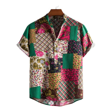 Short-sleeve shirt with green, pink and pale floral patchwork-style panels