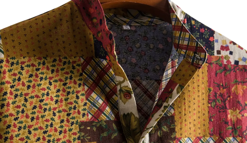 Floral Patchwork Button-Up Shirt, collar detail