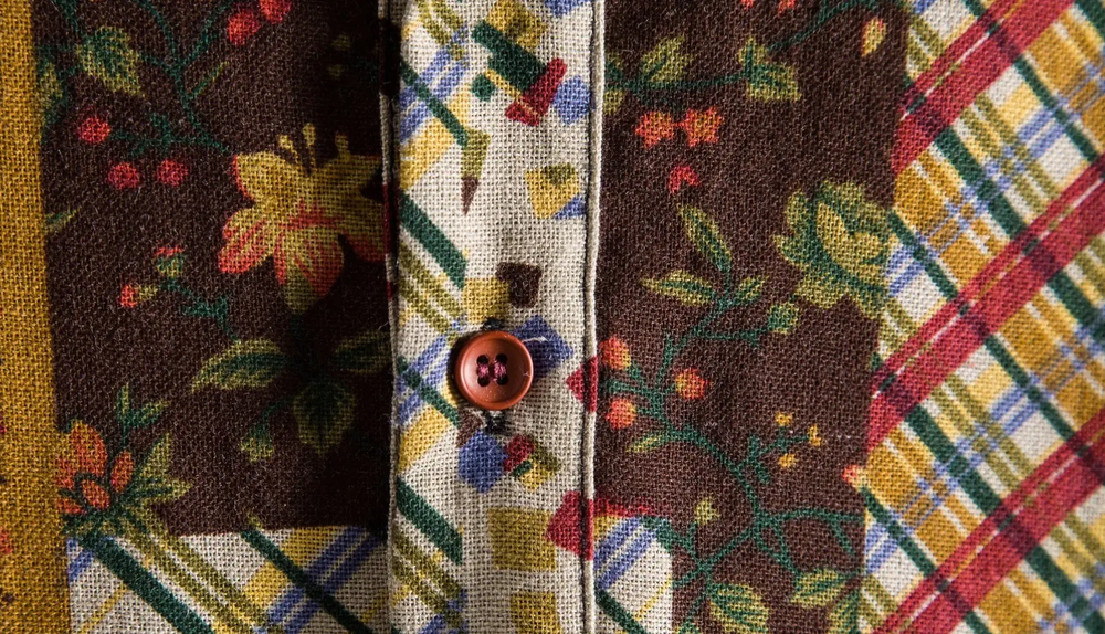 Floral Patchwork Button-Up Shirt, button-front and pattern detail