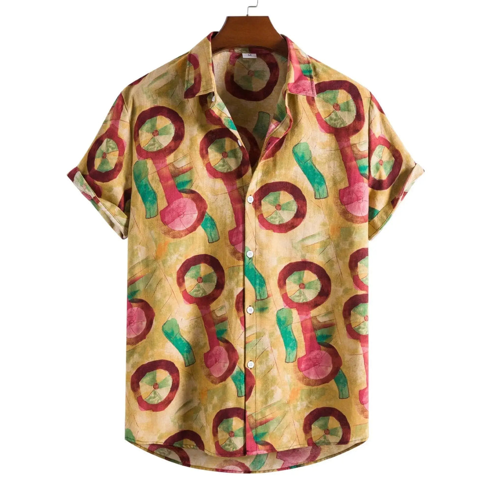 Yellow-toned short-sleeve shirt with large red and green circles