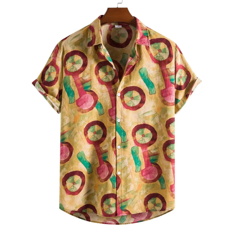 Yellow-toned short-sleeve shirt with large red and green circles