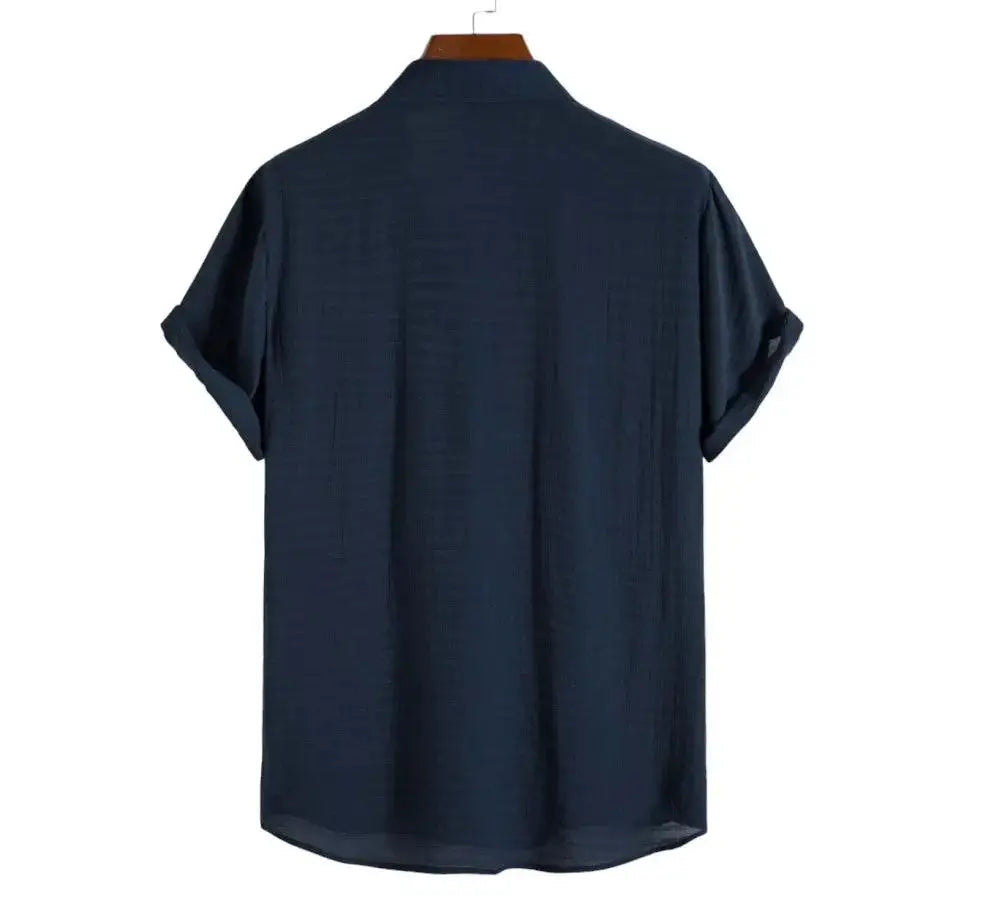 Solid Textured Beach Shirt, Dark blue option, back view
