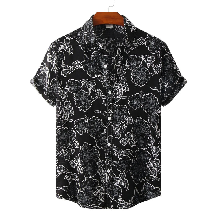 Black short-sleeve Hawaiian shirt with pale outlined flowers
