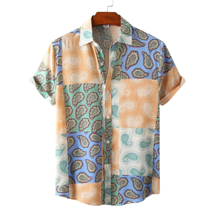 Pastel orange, blue and green shirt with ornamental and paisley-style panels