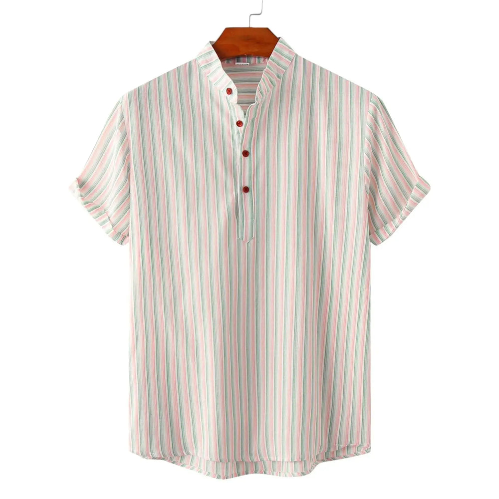 Fine Stripe Band Collar Shirt, Salmon option, front view