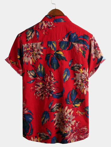 Red Retro Floral Cotton Tropical Hawaiian Shirt at Dan Flashes Dan Flashes Dan Flashes   Shirt