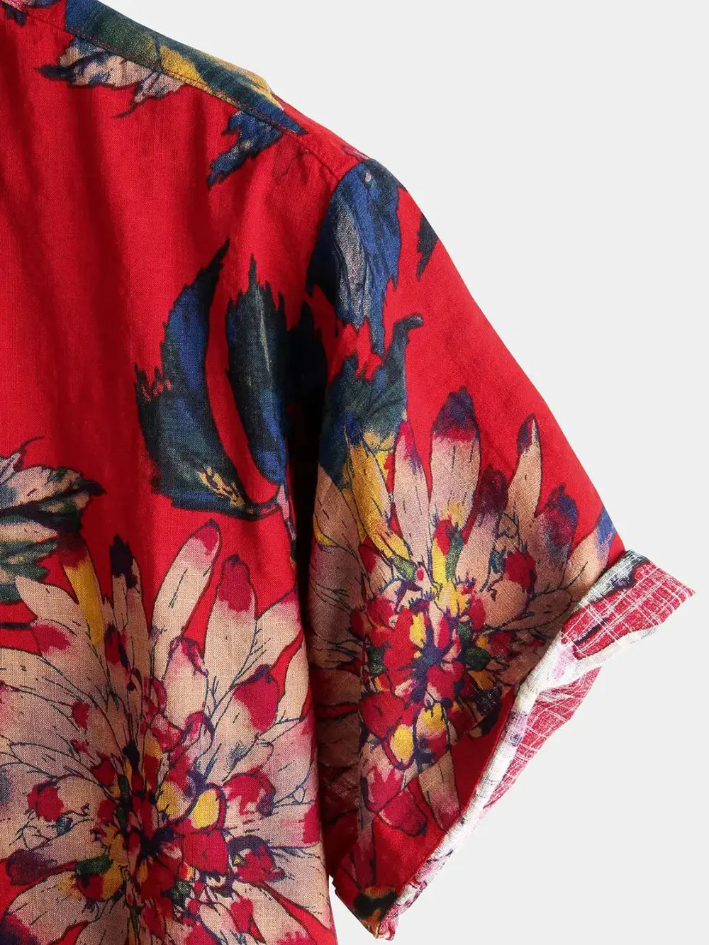 Crimson Floral Hawaiian Shirt, sleeve and pattern detail