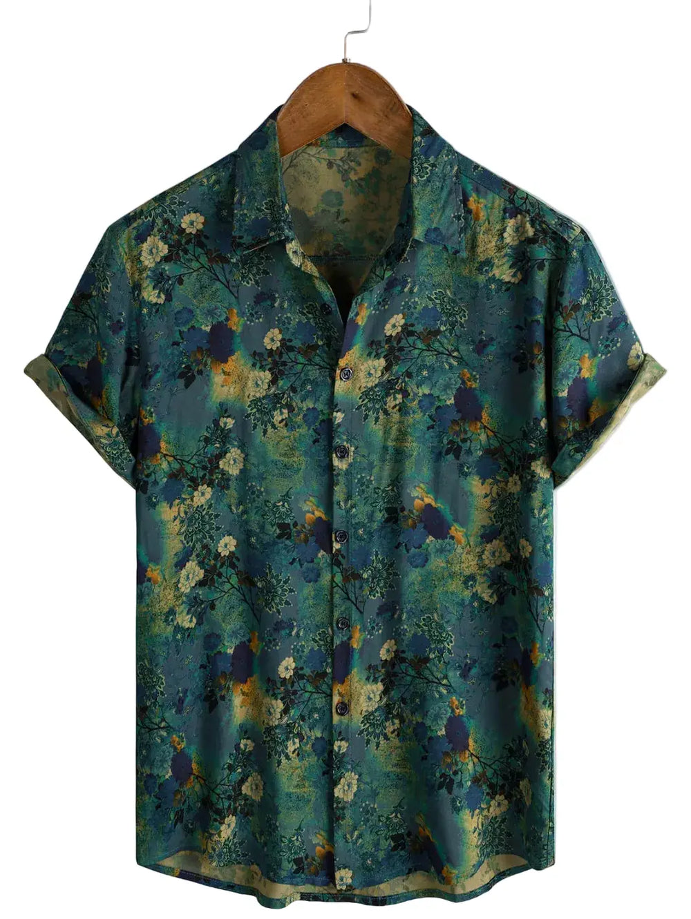 Dark green short-sleeve shirt with small muted flowers and leaf details