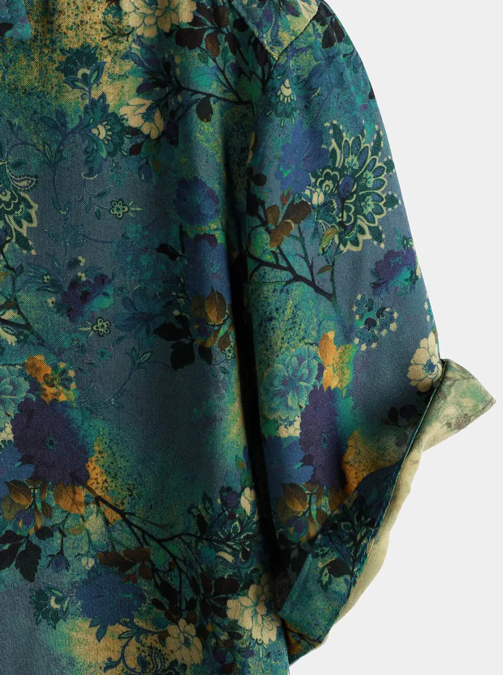 Dark Green Floral Short-Sleeve Shirt, sleeve and pattern detail