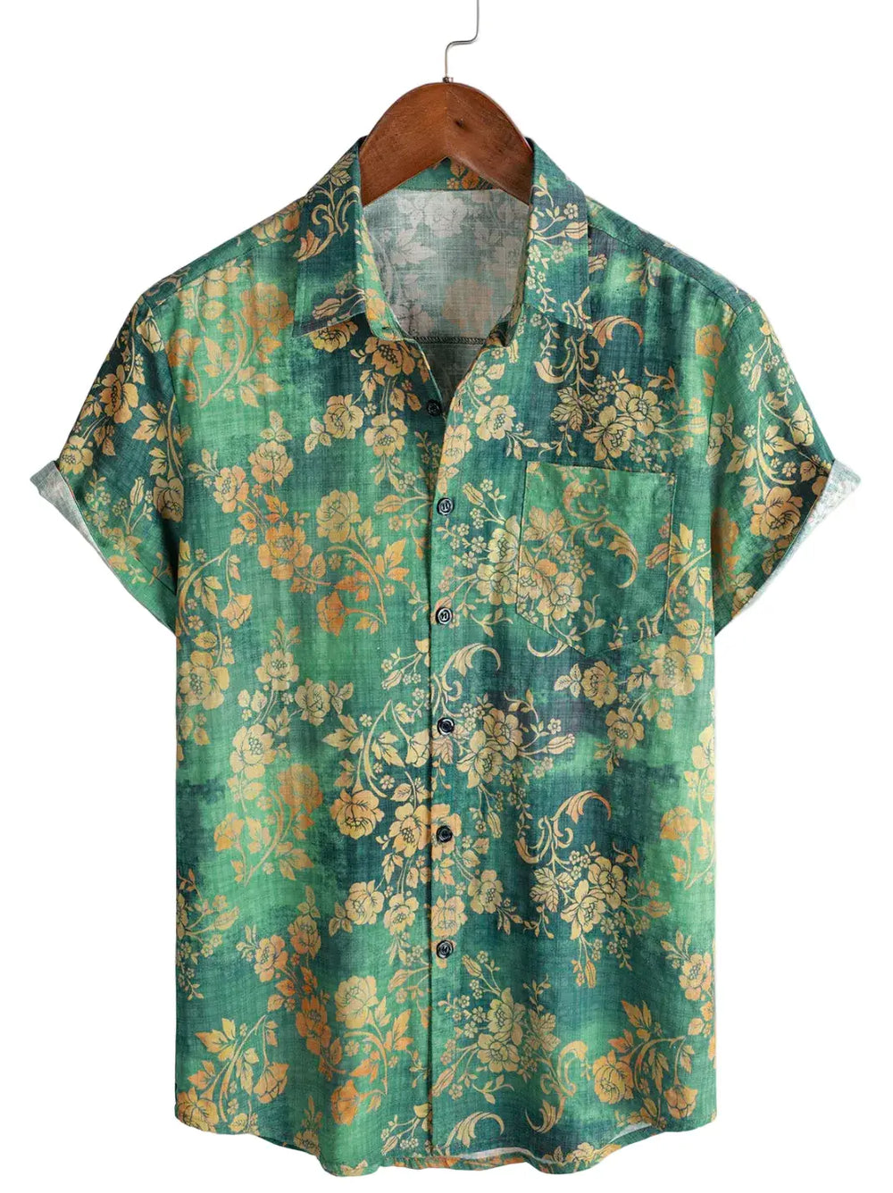 Green short-sleeve shirt with gold-toned ornamental floral curls