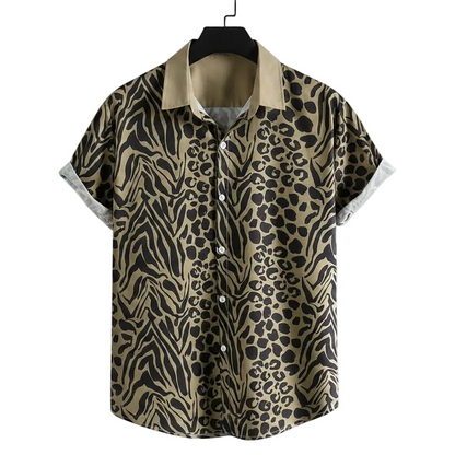 Olive-toned short-sleeve shirt with dark animal spots and stripes