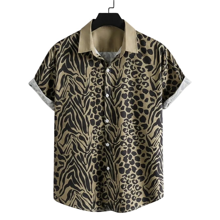 Olive-toned short-sleeve shirt with dark animal spots and stripes