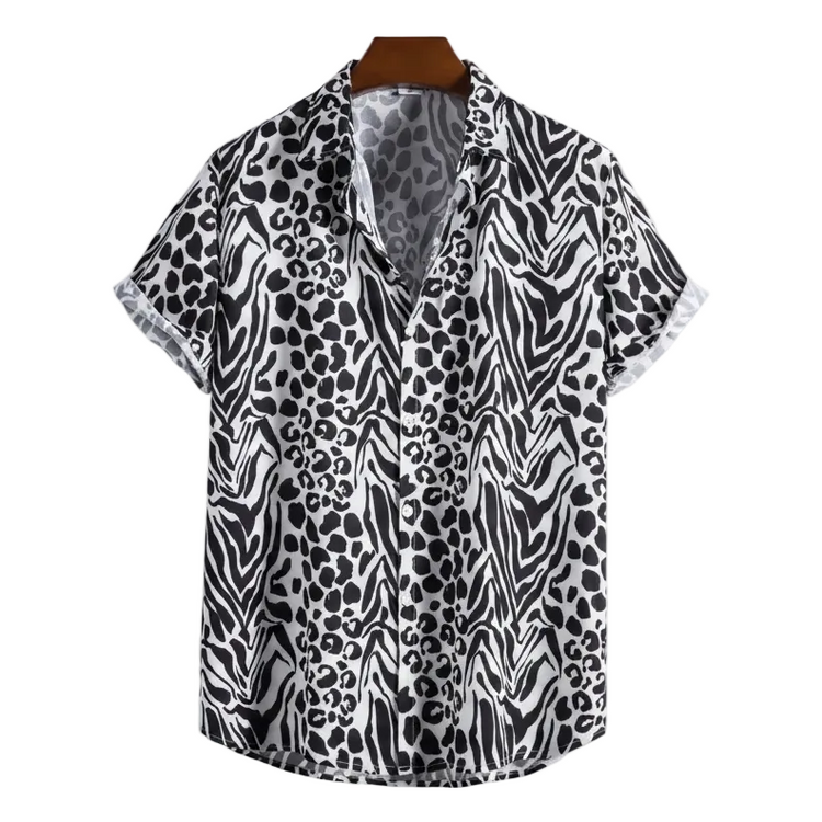Black and white short-sleeve shirt with mixed animal spots and zebra markings