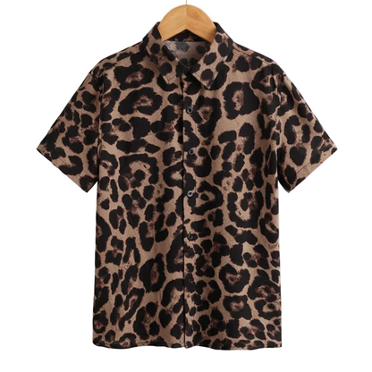 Animal print band collar shirt for men in cotton-linen - Dan Flashes
