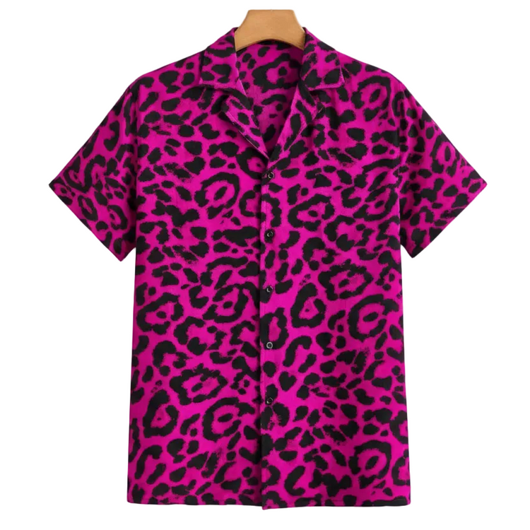Bright pink short-sleeve shirt with dark leopard-like spots