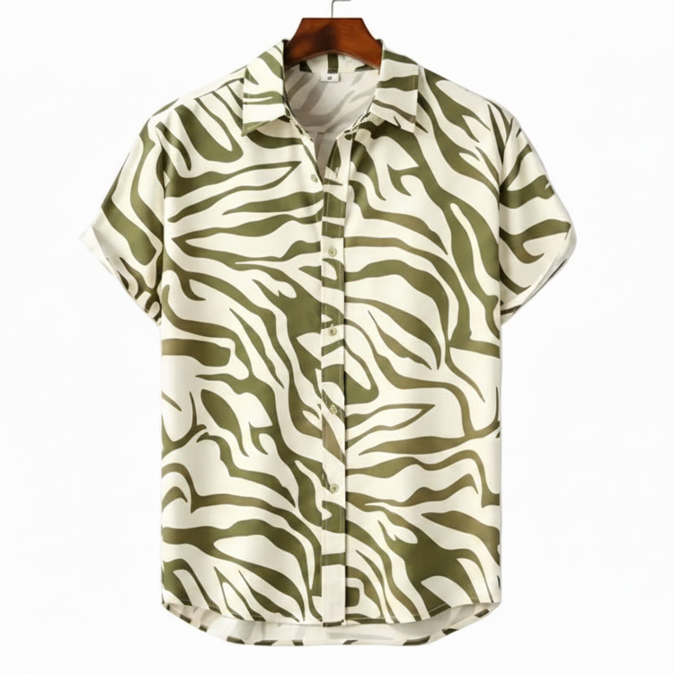 Cream short-sleeve shirt with olive zebra-style stripes