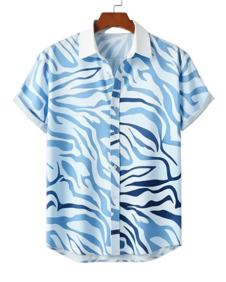 White short-sleeve shirt with blue zebra-style stripes