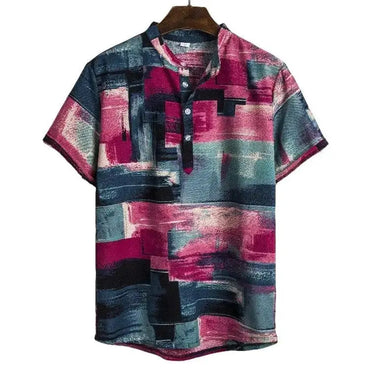 Purple & Orange Band Collar Shirt for men in cotton-linen blend - Dan Flashes