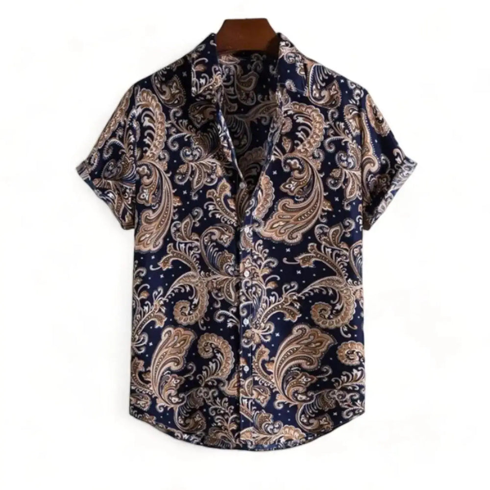 Navy short-sleeve button-up shirt with tan paisley shapes