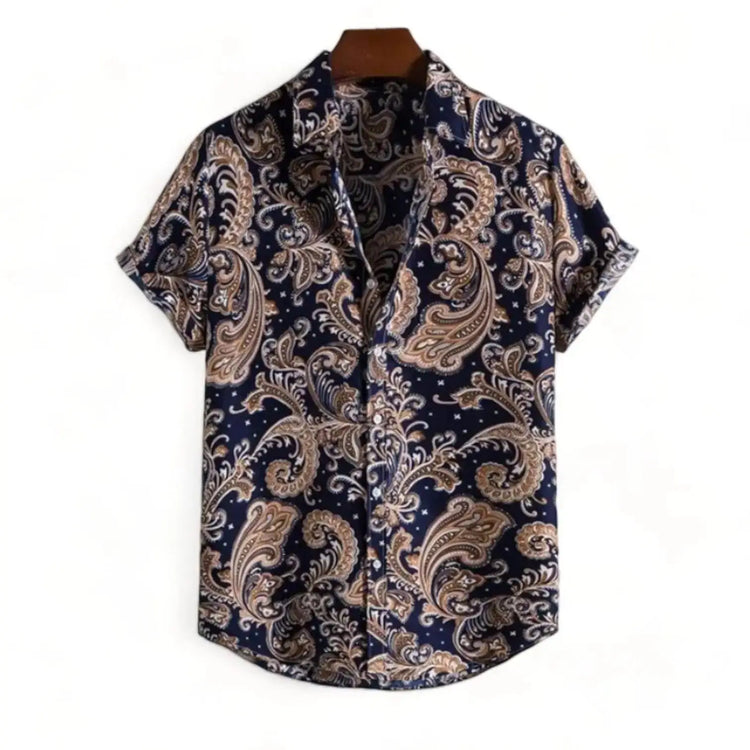 Navy short-sleeve button-up shirt with tan paisley shapes