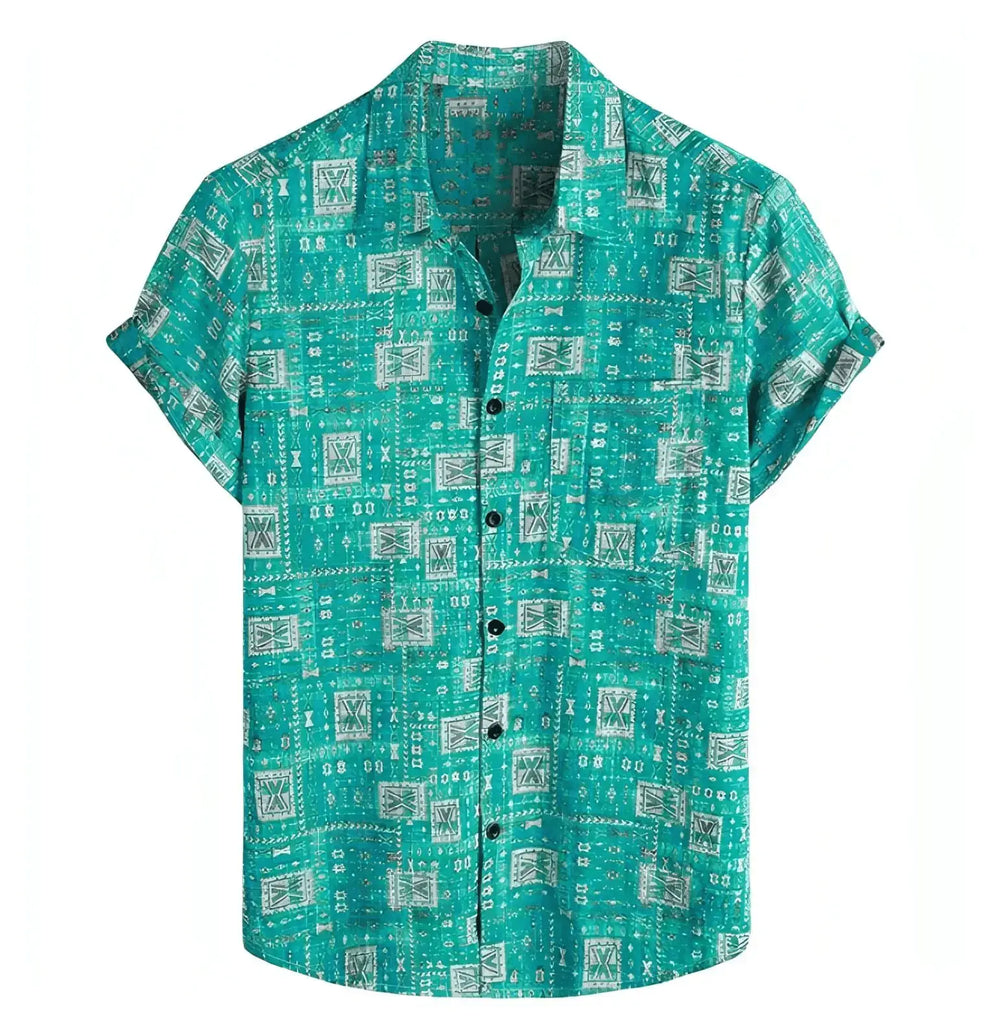 Turquoise short-sleeve shirt with small pale patterned squares