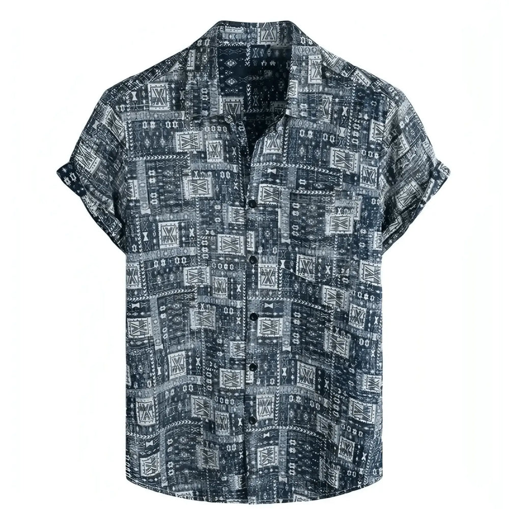 Small Tile Pattern Hawaiian Shirt, Dark blue option, front view