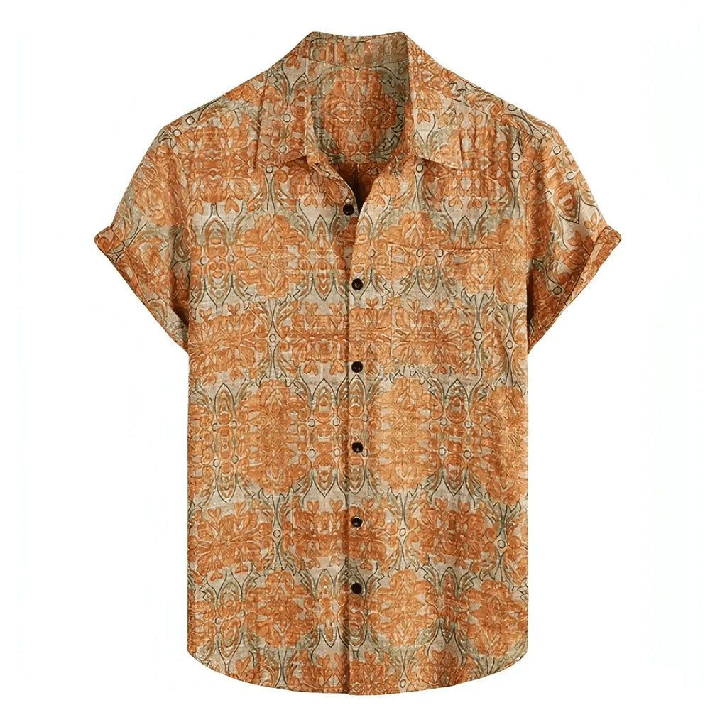 Small Tile Pattern Hawaiian Shirt, Orange option, front view