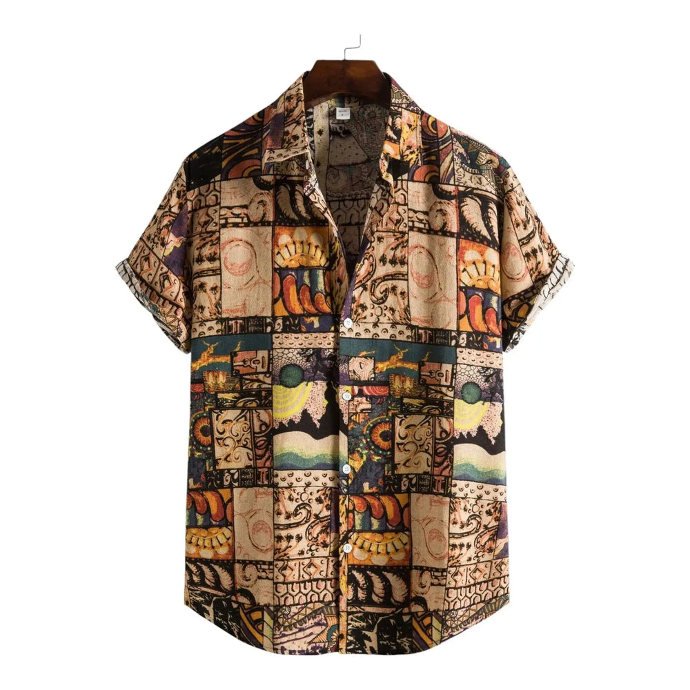 Tan, brown and dark short-sleeve shirt with decorative rectangular panels