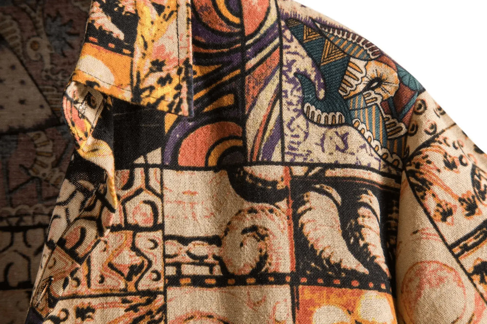 Earth Tone Panel Hawaiian Shirt, collar detail