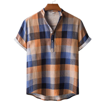 Short-Sleeve Pattern Band Collar Shirt for men in cotton-linen blend - Dan Flashes
