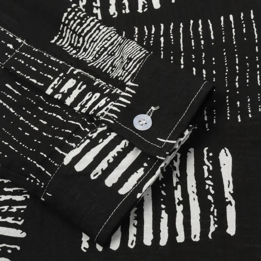 Abstract Block Print Long Sleeve Shirt, button-front and pattern detail