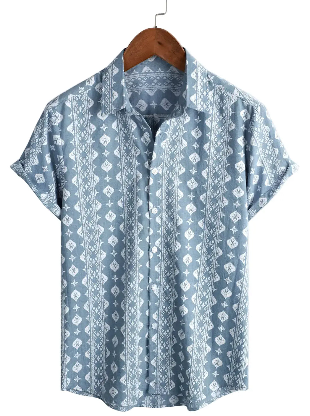 Blue short-sleeve shirt with vertical rows of pale geometric diamonds