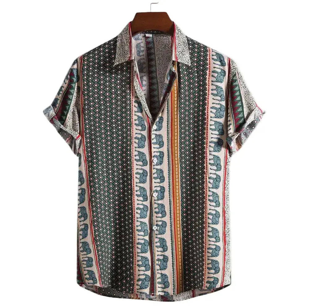 Short-sleeve shirt with dark vertical panels and contrasting patterned borders
