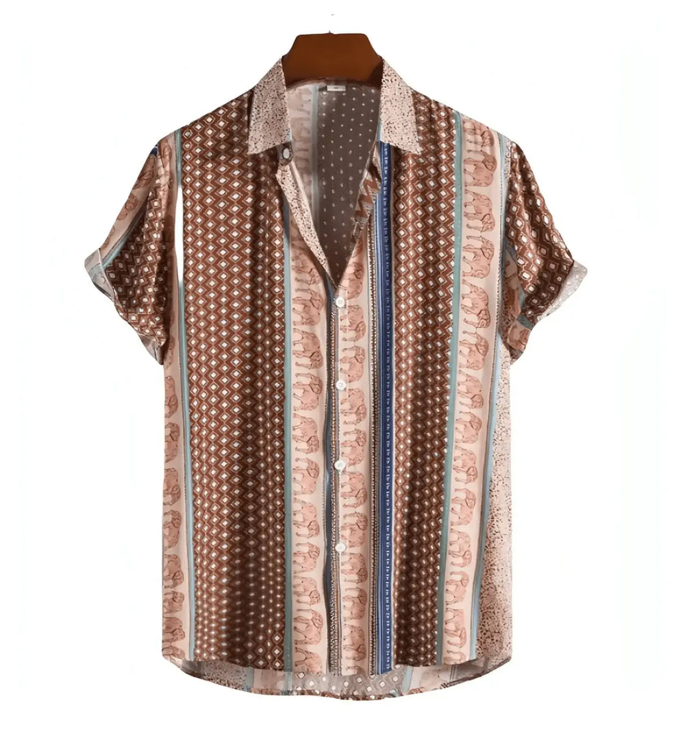Vertical Border Pattern Hawaiian Shirt, Tan option, front view
