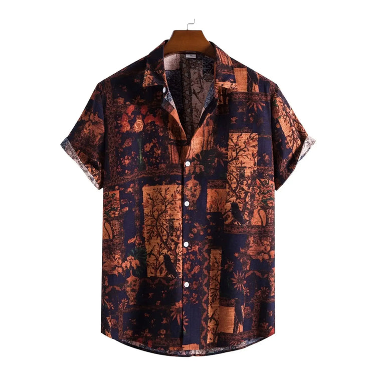Dark short-sleeve shirt with muted orange floral panels