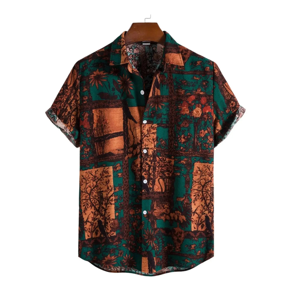 Dark Floral Panel Hawaiian Shirt, Green option, front view