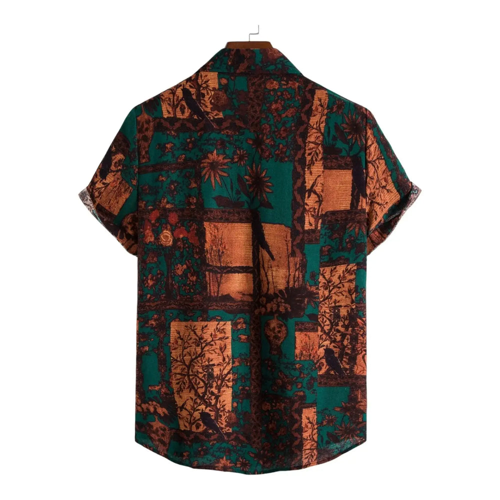 Dark Floral Panel Hawaiian Shirt, Green option, back view