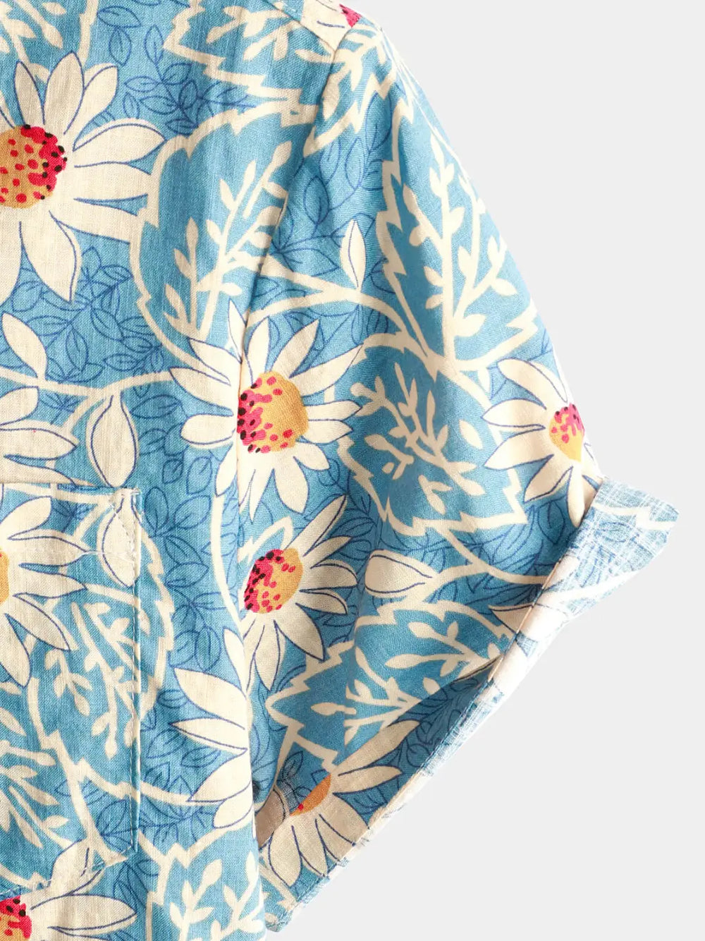 Blue Daisy Floral Resort Shirt, sleeve and pattern detail