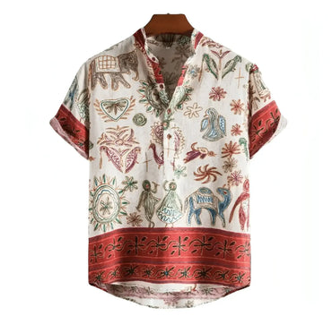 Tribal Pattern Band Collar Shirt for men in cotton-linen blend - Dan Flashes