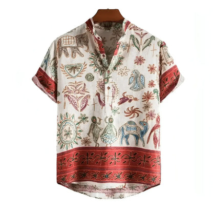 Pale short-sleeve shirt with small illustrated motifs and a red hem border