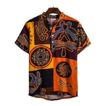 Tribal Print Band Collar Shirt for men in cotton-linen blend - Dan Flashes