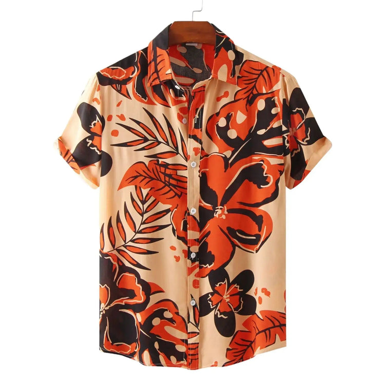 Orange and pale tropical shirt with large dark botanical silhouettes